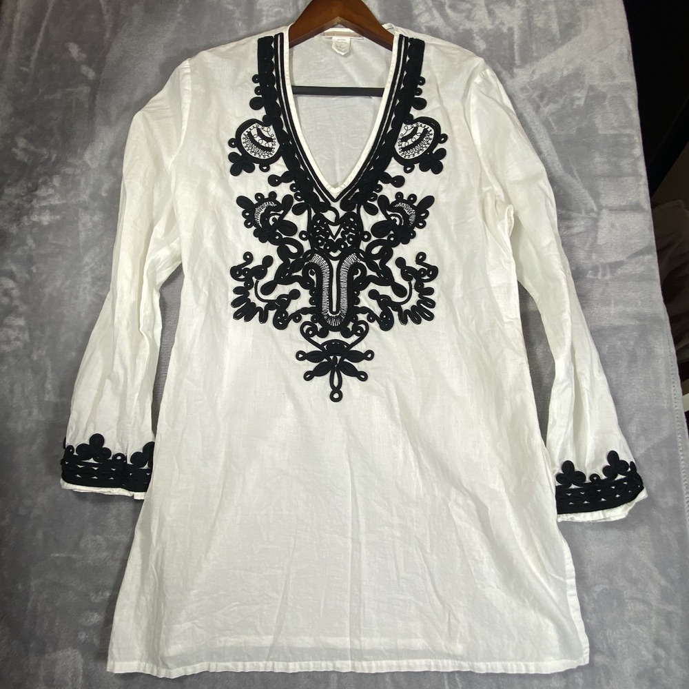 La Blanca Tunic Top Or Cover Up Resort Wear Small White Crochet Trim Island Chic - Picture 10 of 11
